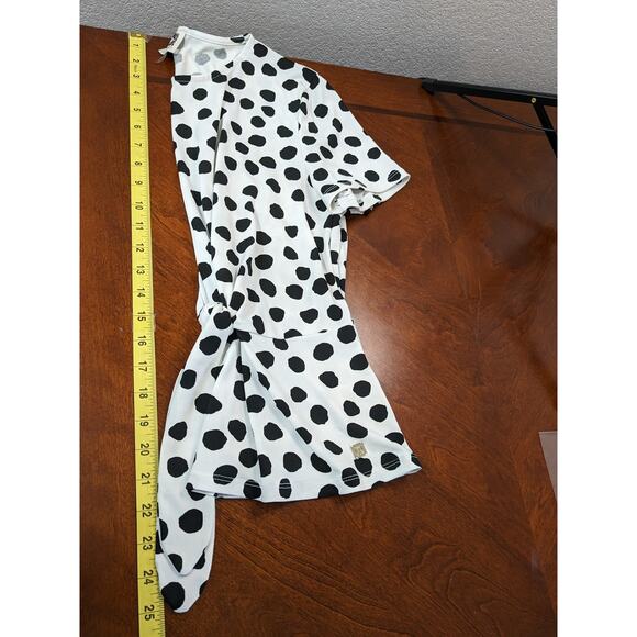 Anne Klein Polka Dot Print Blouse Medium Black White‎ Front Tie Top Short Sleeve - Picture 8 of 11